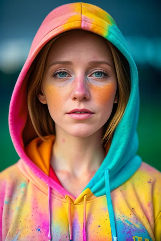 The image shows a young woman, probably in her early 20s, with a serious expression on her face. She is wearing a colorful hoodie with the hood pulled up. The colors include blue, green, yellow, orange, and pink. The woman's hair is blonde and her eyes are blue. She has a small amount of makeup on, including pink blush and light pink lip gloss. The background is blurred and is a light green color.