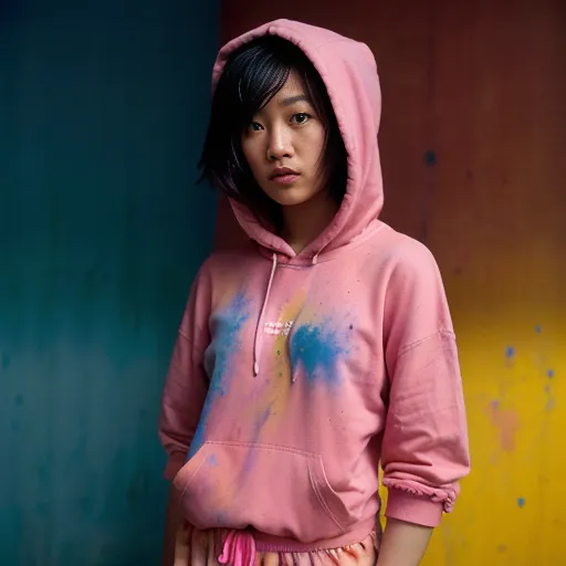 A young woman is posing in a pink hoodie. The hoodie is covered in paint splatters. The woman has short black hair and is looking at the camera with a serious expression. She is also wearing pink pants and white shoes. The background is a gradient of pink, blue, and yellow.