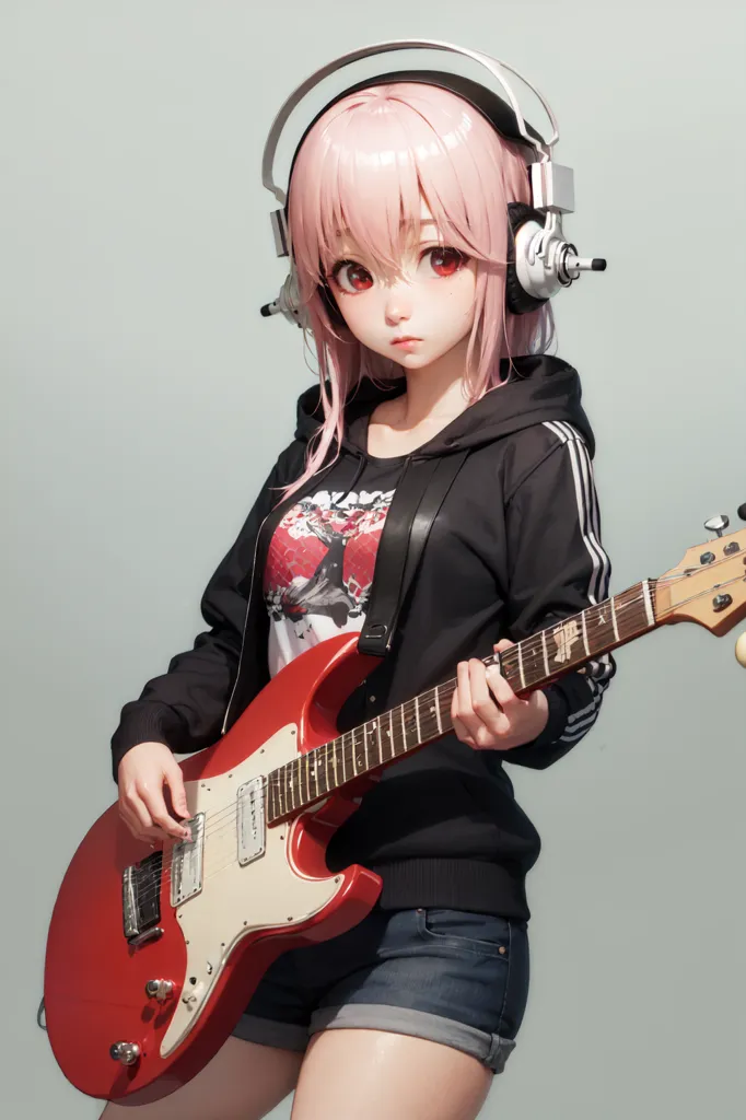 The image shows a young woman with pink hair playing an electric guitar. She is wearing a black hoodie, a white t-shirt, and denim shorts. She has headphones on and is looking at the guitar. The background is a light blue color.