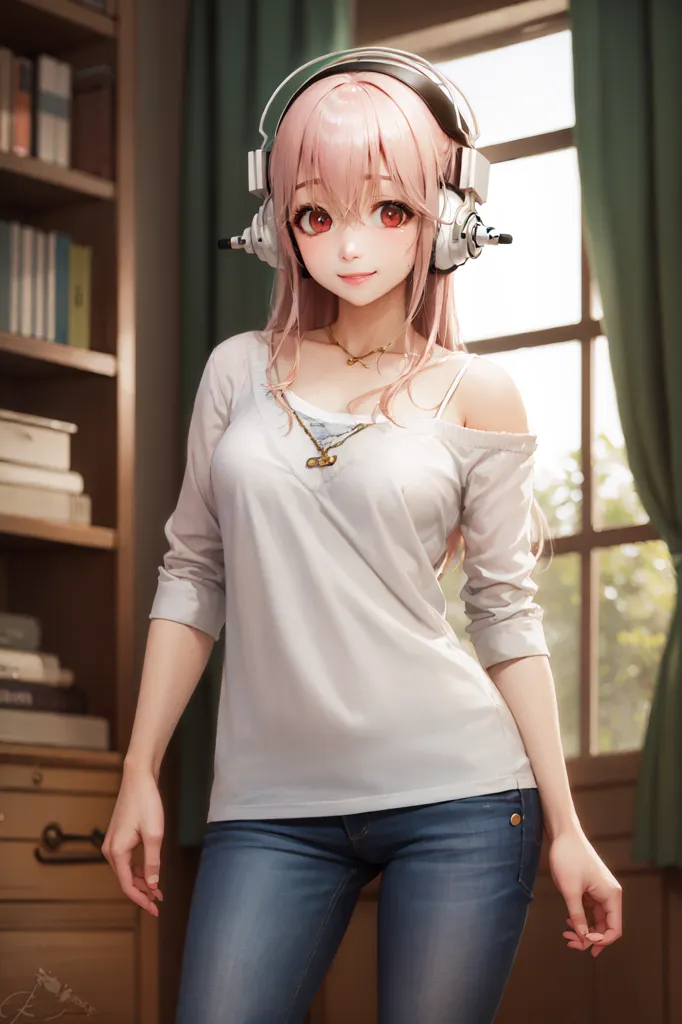 The image shows a young woman standing in a room. She has pink hair and orange eyes, and she is wearing a white off-the-shoulder shirt, blue jeans, and headphones. She is standing in front of a window, and there are bookshelves and a plant in the background.