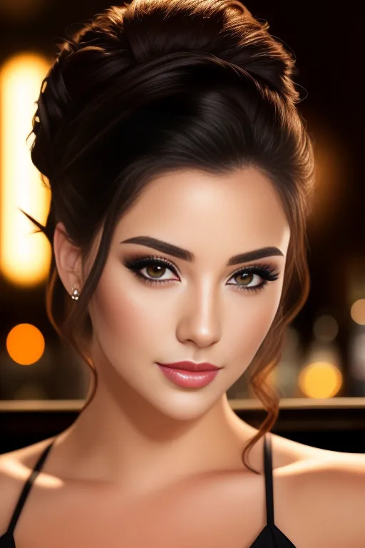 The image shows a young woman with long, dark hair styled in an elegant updo. Her makeup is flawless, with a neutral smoky eye, winged eyeliner, and voluminous fake lashes. Her lips are a soft pink, and her skin is smooth and radiant. She is wearing a black dress with a sweetheart neckline, and her shoulders are bare. The background is a soft blur of light and dark colors. The woman is looking at the camera with a soft smile.