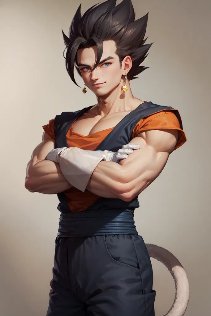 The image is of a muscular man with long black hair and blue eyes. He is wearing an orange and blue jumpsuit with a white belt. He has a confident smile on his face and is crossing his arms in front of his chest. He has a tail similar to a monkey's tail. He is standing in front of a white background.