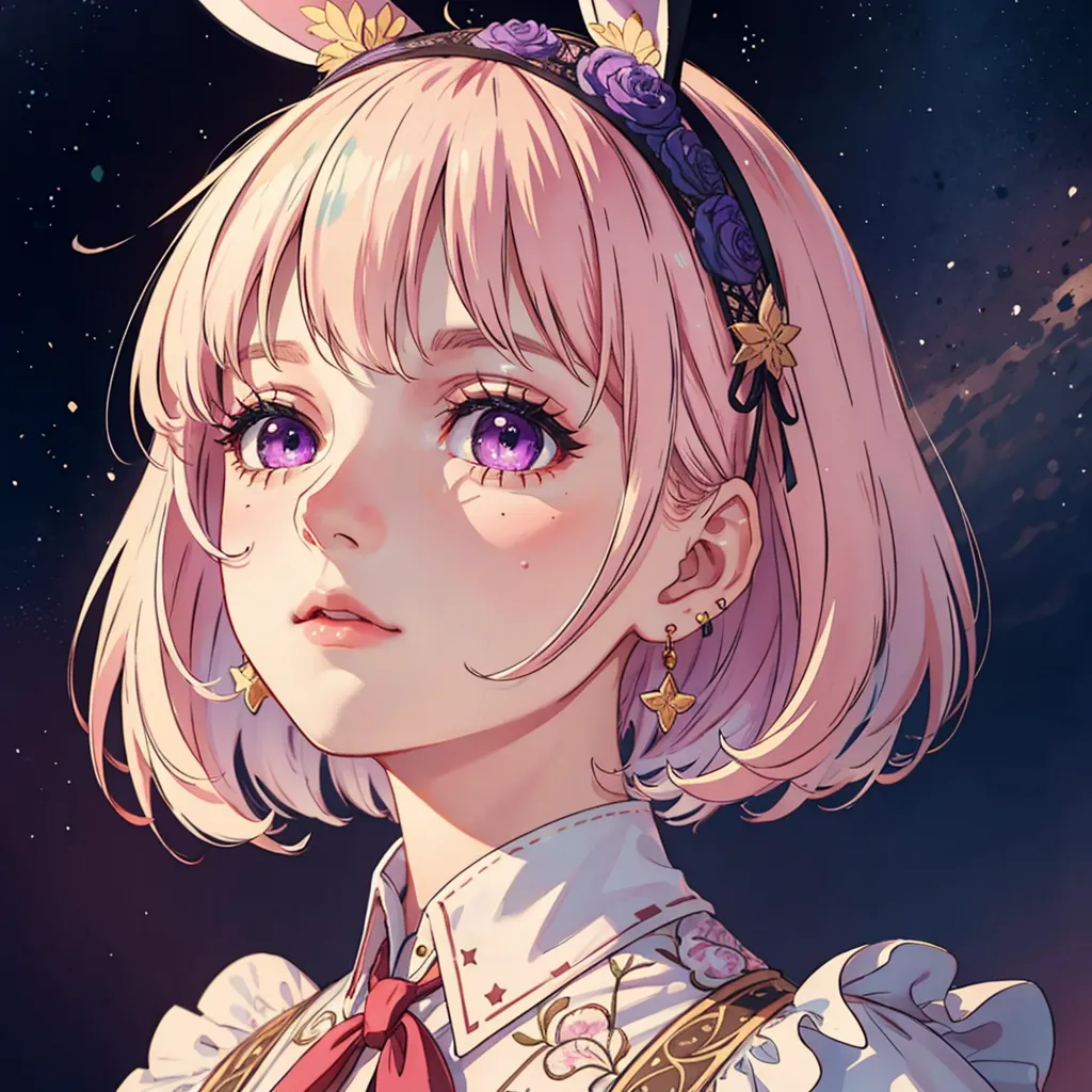 The image is a portrait of a young girl with pink hair and purple eyes. She is wearing a white blouse with a red ribbon and a floral headband with bunny ears. The background is a starry night sky. The girl's expression is soft and serene.