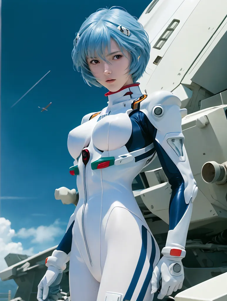 The image is of a young woman with short blue hair. She is wearing a white and blue bodysuit with a red circle on her chest. She is also wearing a pair of white gloves. She is standing in front of a large white and blue mech. There is an airplane flying in the sky in the background.