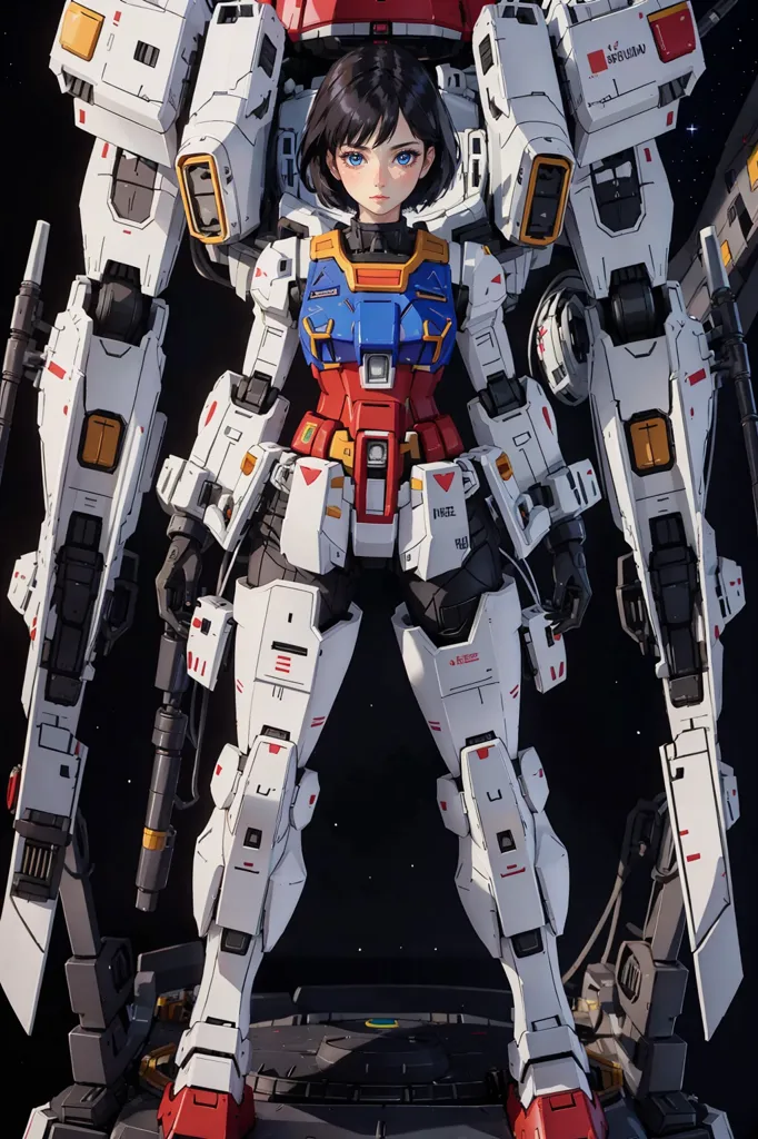 The image is of a young woman with short black hair and blue eyes. She is wearing a white and red bodysuit with a blue vest. She is also wearing a pair of white and red boots. She is standing in front of a large white and red mech. The mech has a large cannon on its right arm and a smaller cannon on its left arm. The mech also has a large backpack with a pair of thrusters on it. The woman is looking at the camera with a serious expression on her face.