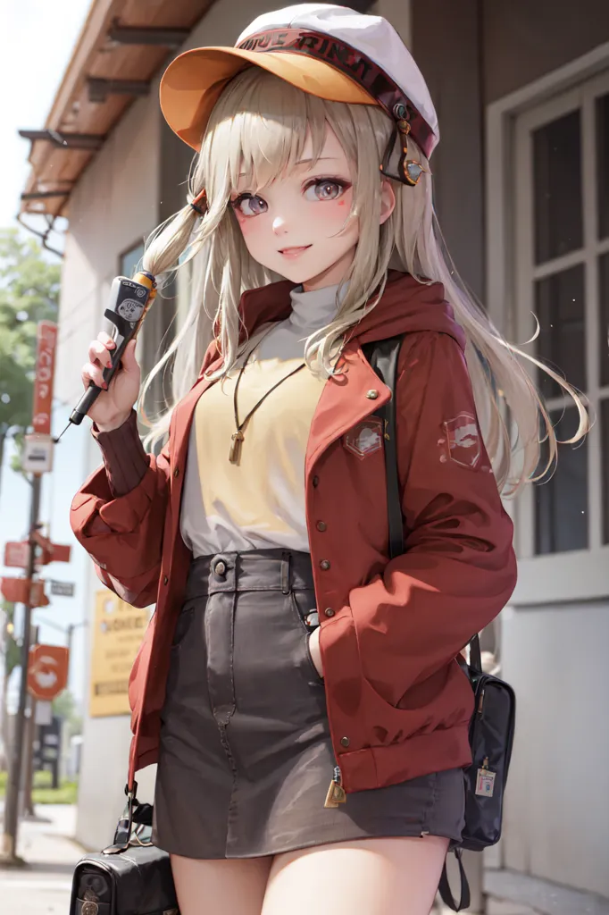 The image shows a young woman with long blonde hair and purple eyes. She is wearing a white shirt, a gray skirt, a red jacket, and a white hat. She is also wearing a brown bag over her shoulder. She is holding a microphone in her right hand and has the other in her pants pocket. She is standing in front of a building.