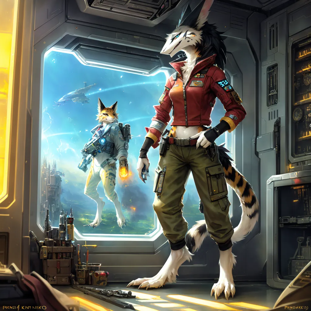 The image is of two anthropomorphic characters in a spaceship. The character on the left is a white and orange cat wearing a white spacesuit with a blue visor. The character on the right is a tall, slender, white and black wolf wearing a red jacket, green pants, and brown boots. They are standing in front of a large window looking out at a planet. There are several crates and pieces of machinery in the room.