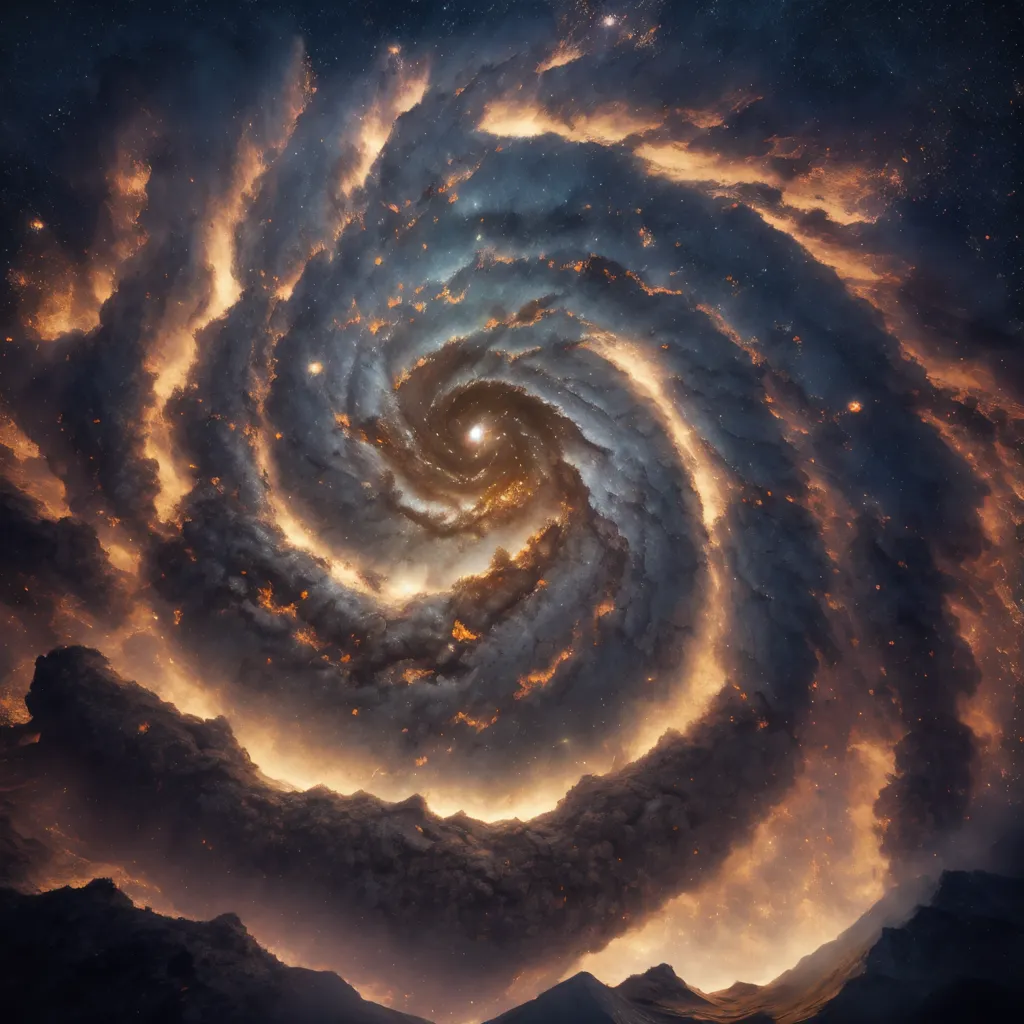 The image is a depiction of a spiral galaxy. The galaxy is surrounded by a swirling cloud of gas and dust, which is glowing brightly. The center of the galaxy is a bright, shining light. The galaxy is set against a background of stars and other galaxies.