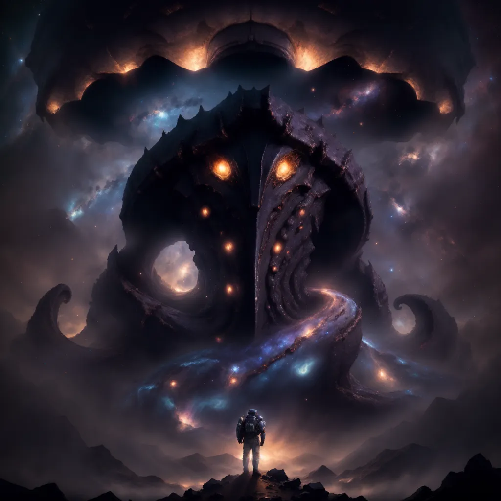 The image is set in a dark and stormy night. The astronaut is standing on a rocky hill, looking up at a gigantic creature. The creature is dark and monstrous, with glowing yellow eyes, a gaping mouth, and tentacles. It is unclear what the creature is, but it is clearly very powerful. The astronaut is dwarfed by the creature, and seems to be in awe of it. The image is full of mystery and wonder, and it leaves the viewer wondering what will happen next.