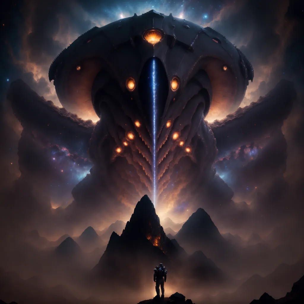 The image is set on a distant planet with a dark and cloudy sky. There is a mountain range in the foreground, and a large, UFO-like object is hovering in the sky above the mountains. The object is dark in color and has a glowing blue light on its underside. There is a figure standing on a rock in the foreground, looking up at the object. The figure is wearing a spacesuit.