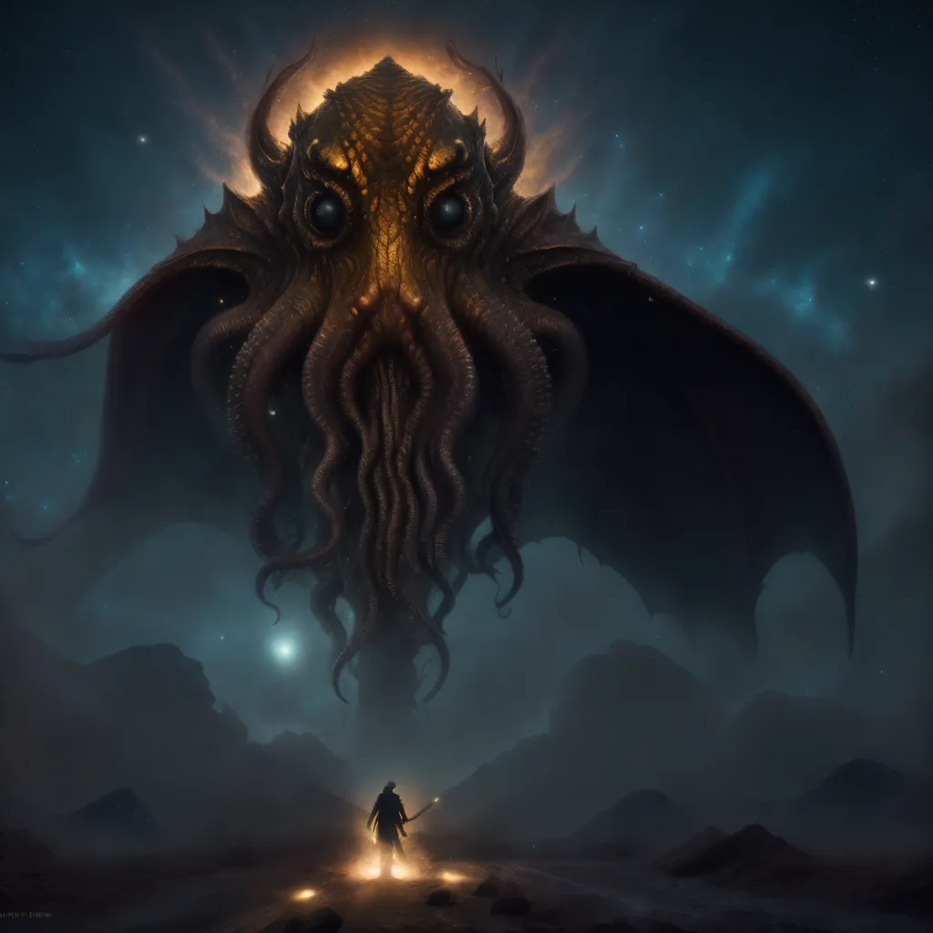 The image is a dark and stormy night. The sea is rough and choppy, and the waves are crashing against the shore. In the distance, a large, dark shape is looming. It is a giant octopus-like creature, with a long, slimy body and eight tentacles. The creature's eyes are glowing red, and it is surrounded by a dark aura. The creature is so large that it is blotting out the stars in the sky. A lone human figure stands on the shore, looking up at the creature in awe. The human is holding a sword, but it seems like a futile gesture against such a powerful creature. The image is full of suspense and dread, as the human faces off against the giant octopus-like creature.