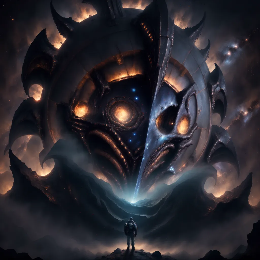 The image is set on a distant planet. There is a dark, rocky landscape with a large, glowing moon in the sky. In the foreground, there is a human figure standing in front of a massive, alien structure. The structure is made of dark metal and has a complex, organic design. It is unclear what the purpose of the structure is, but it is clear that it is very old. The human figure is wearing a spacesuit and is carrying a weapon. They are looking up at the structure with a mixture of awe and fear. The image is full of mystery and wonder, and it leaves the viewer wondering what will happen next.