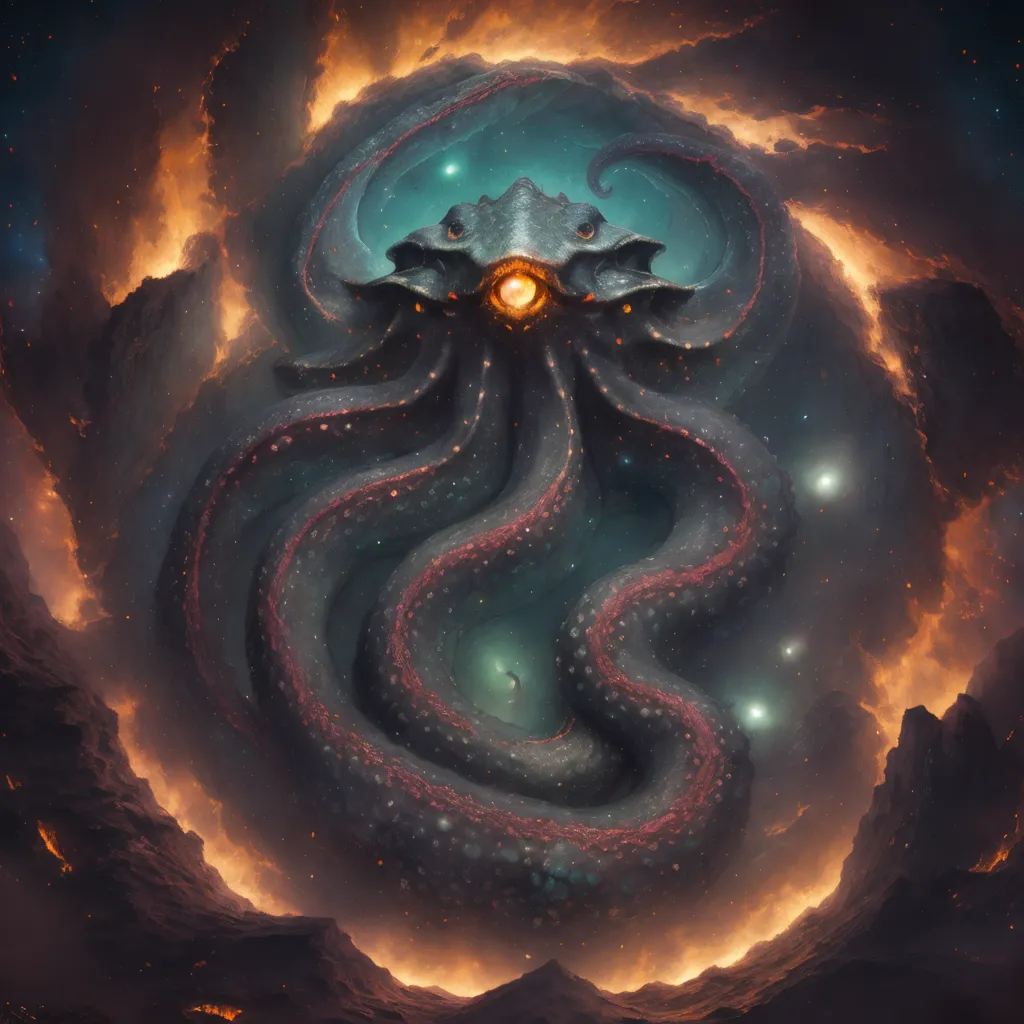 The image is of a large, octopus-like creature with a single eye in the center of its head. It is surrounded by a fiery, orange-colored cloud and has several stars in the background. The creature's body is black and its tentacles are a deep red color. The creature is surrounded by a dark, starry background.