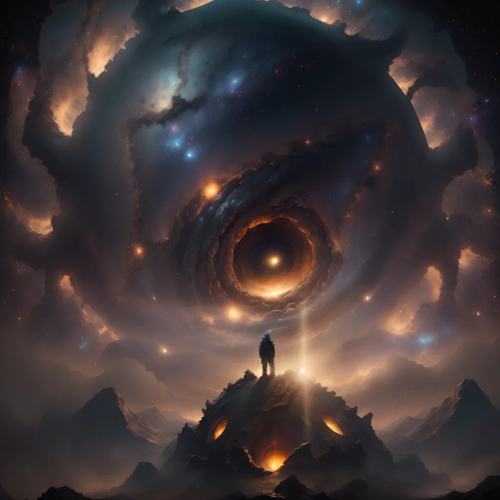 The image is set in a vast, alien landscape. A lone astronaut stands on a rocky outcropping, looking up in awe at a huge, glowing sphere. The sphere is surrounded by swirling clouds of gas and dust, and it seems to be drawing the astronaut in. The astronaut is wearing a spacesuit and a helmet, and they are carrying a backpack. They are surrounded by tall mountains. The image is full of mystery and wonder, and it leaves the viewer wondering what will happen