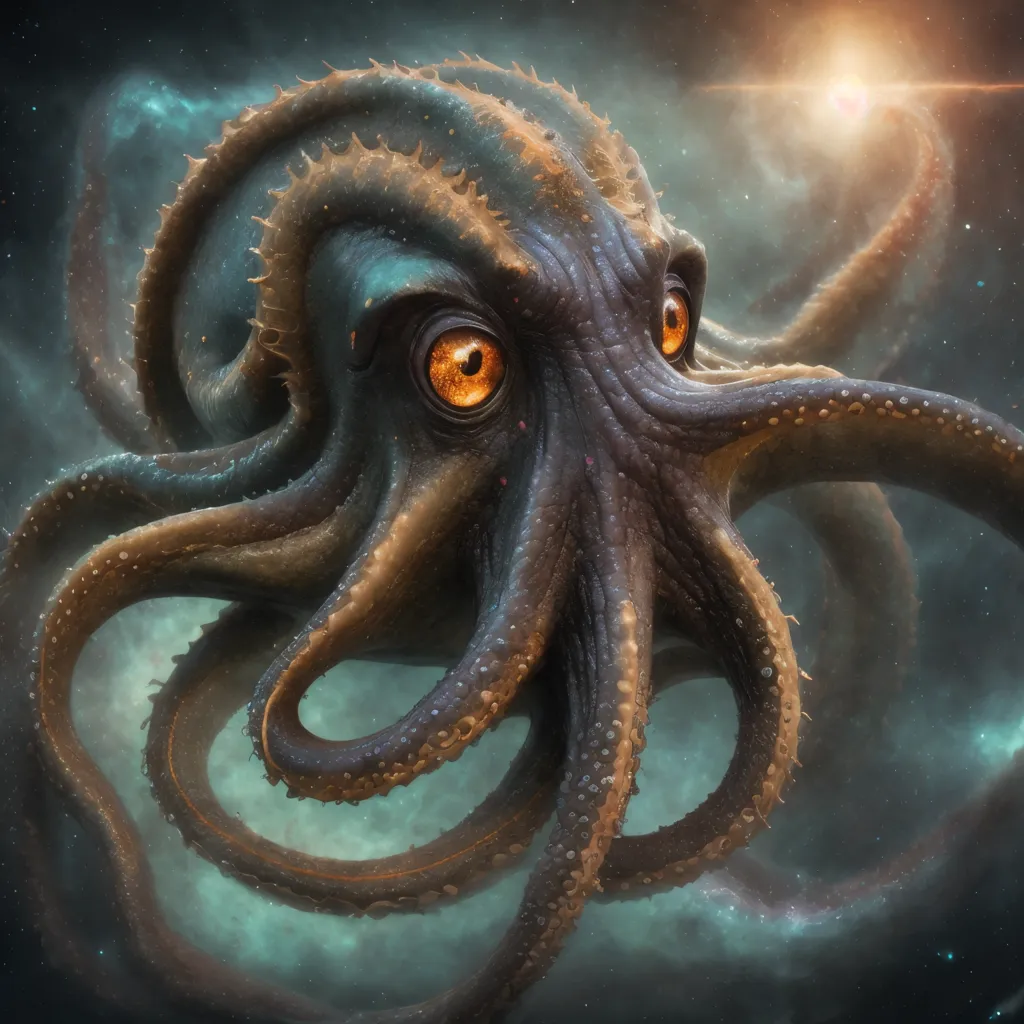 The image shows a large, alien octopus-like creature with orange eyes. It has a dark purple body and long, curling tentacles. The creature is floating in space, with a bright light source in the background. The light is casting shadows across the creature's body, making it look even more alien and mysterious.