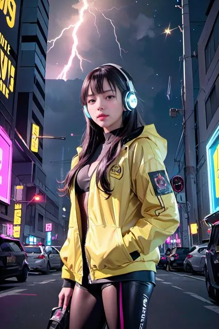 A young woman is standing in a city street. She is wearing a yellow jacket, black shorts, and headphones. She has long brown hair and brown eyes. The city is in the background and it is night time. There is a storm and lightning in the sky.