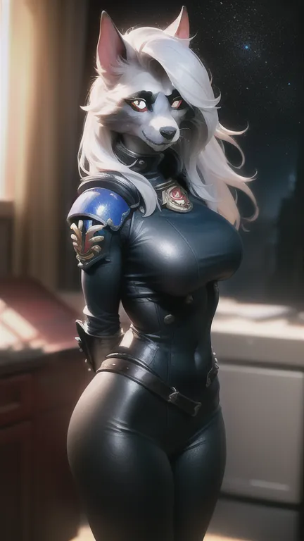 The image is of a tall, slender, muscular, and voluptuous wolf-like humanoid woman with long, flowing white hair and silver eyes. She is wearing a black leather bodysuit with a high collar and a silver badge on her chest. She has a pair of silver epaulettes on her shoulders and a utility belt around her waist. She is standing in a room with a dark background and a bright light source on the left side of the image.