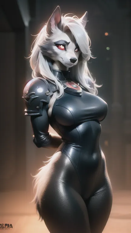 The image is of a tall, slender woman with long white hair and red eyes. She is wearing a black bodysuit with silver accents and has a wolf-like tail and ears. She is standing in a dark room with her hands on her hips and is looking at the viewer with a confident expression.