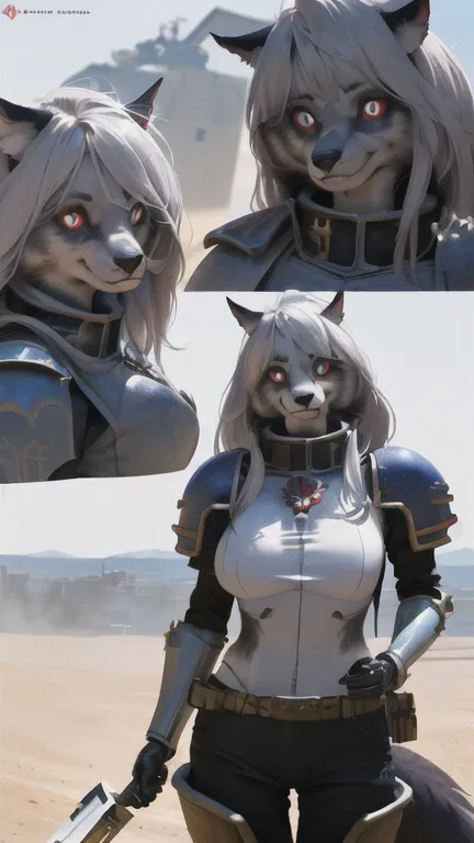 The image is of a white-haired anime girl with red eyes and fox ears. She is wearing a white and gray bodysuit with a black belt and a grey pauldron on her right shoulder. She is also wearing a pair of black boots. She is standing in a desert landscape, with a large building in the background. She is holding a gun in her right hand.