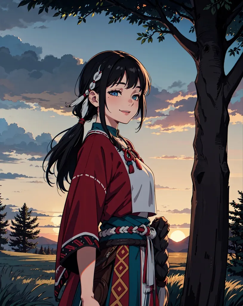 The picture shows a young woman standing in a field. She has long black hair, blue eyes, and is wearing a red and white shirt with a blue sash. She is also wearing a necklace and has a feather in her hair. The background of the picture is a sunset over a forest. The sky is orange and yellow. The trees are dark green. The ground is covered in grass. The picture is in an anime style.