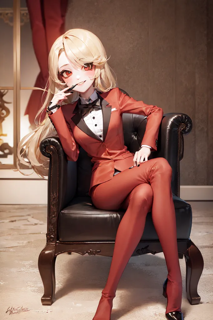 The picture shows a young woman with long blonde hair and red eyes. She is wearing a red suit and a white shirt with a black bow tie. She is sitting in a black leather armchair with one hand on her chin and the other hand holding a pen. She is looking at the viewer with a confident expression.