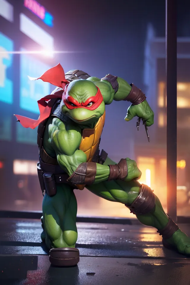 The image is of a Teenage Mutant Ninja Turtle. He is wearing a red bandana and has a red mask on his eyes. He is also wearing brown kneepads and elbow pads. He is standing on a rooftop with one knee on the ground and the other leg extended behind him. His arms are outstretched in front of him and he is holding a pair of sai. The background is a blurred city skyline at night.