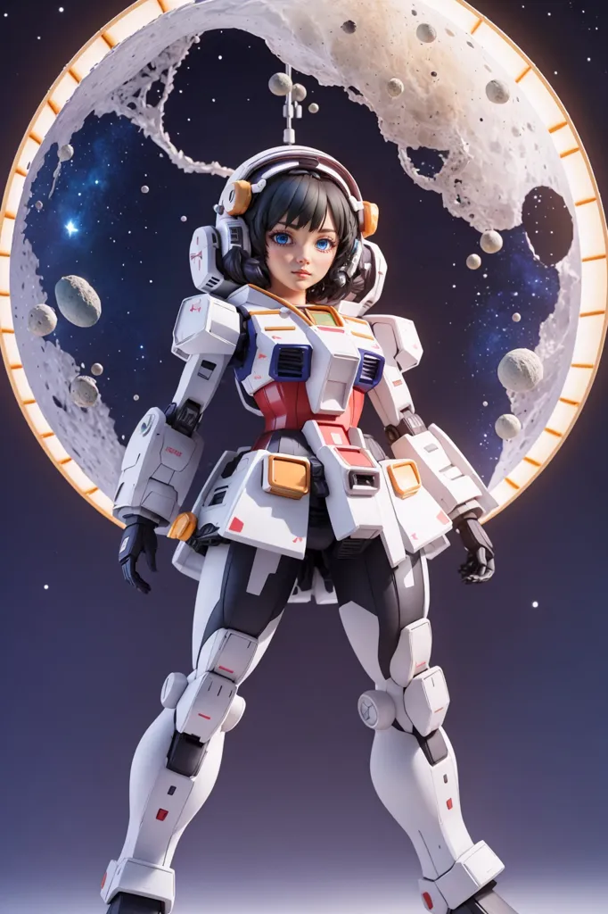 Esta es una ilustración de estilo anime de una niña joven en un traje de mech blanco, rojo y azul. Tiene el cabello castaño y los ojos azules, y lleva un par de auriculares. Está de pie frente a una luna grande, y hay estrellas y asteroides en el fondo. La niña mira al espectador con una expresión decidida en su rostro.