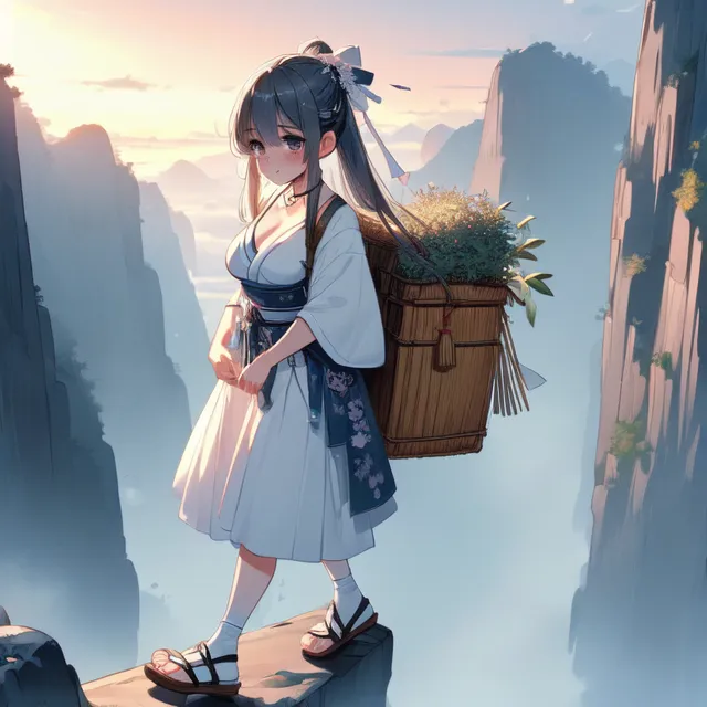 The image is a beautiful anime girl standing on a cliff. She is wearing a white dress with a blue sash and has long brown hair. She is carrying a basket full of flowers. The background is a mountain landscape with a river running through it. The sun is setting and the sky is a gradient of orange and pink. The image is very peaceful and serene.