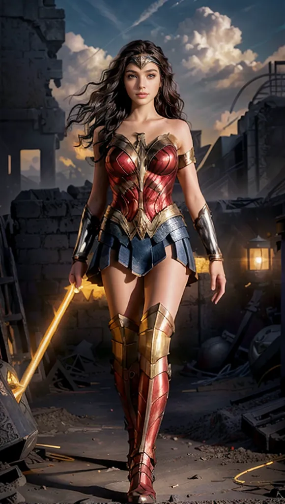 Wonder Woman is a superheroine appearing in American comic books published by DC Comics. The character was created by William Moulton Marston and Harry G. Peter and first appeared in All Star Comics #8 (December 1941). The character is also known as Diana Prince, and is an Amazon princess with superhuman powers and abilities. She is a founding member of the Justice League.

In this image, Wonder Woman is depicted as a tall, beautiful woman with long, dark hair and blue eyes. She is wearing a red and gold costume and is armed with a sword and shield. She is standing in a ruined city, surrounded by rubble and debris. The image is dark and dramatic, and Wonder Woman's expression is one of determination and defiance.