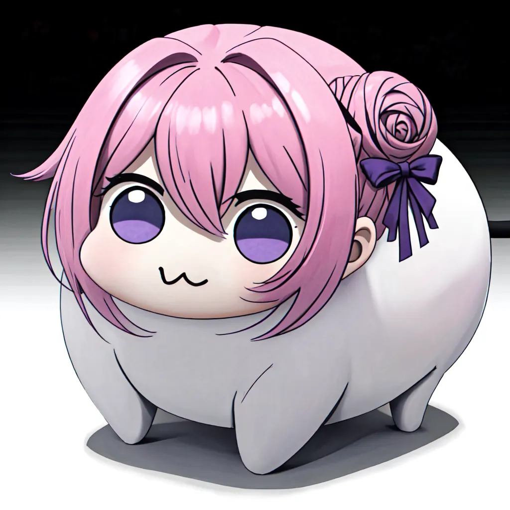 This is an image of a cute anime girl with pink hair and purple eyes. She is wearing a white and purple dress with a pink bow in her hair. She is sitting on the ground and has a big smile on her face. She is also very round and looks like a ball.