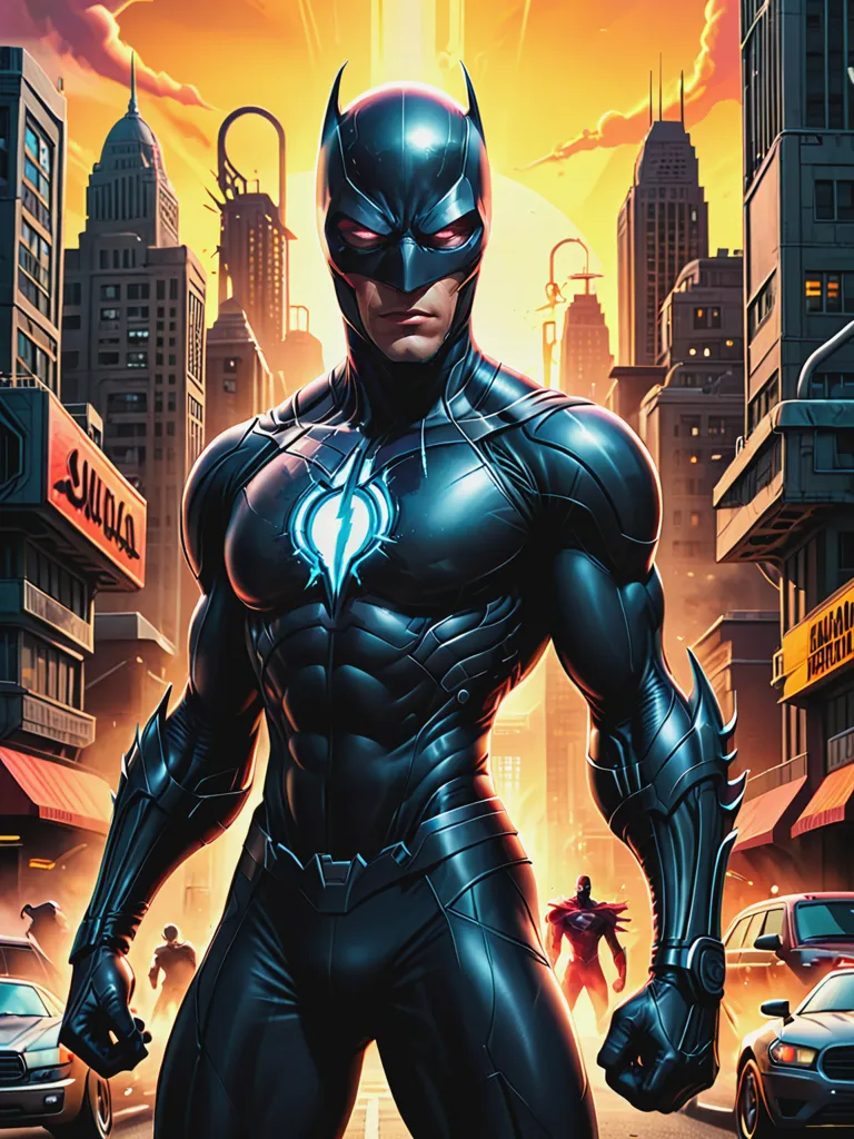 The image is of a superhero. He is wearing a black suit with a yellow lightning bolt on his chest. He is also wearing a black mask that covers his eyes. He is standing in a city, and there are buildings and cars in the background. The sky is orange, and there are clouds in the sky.