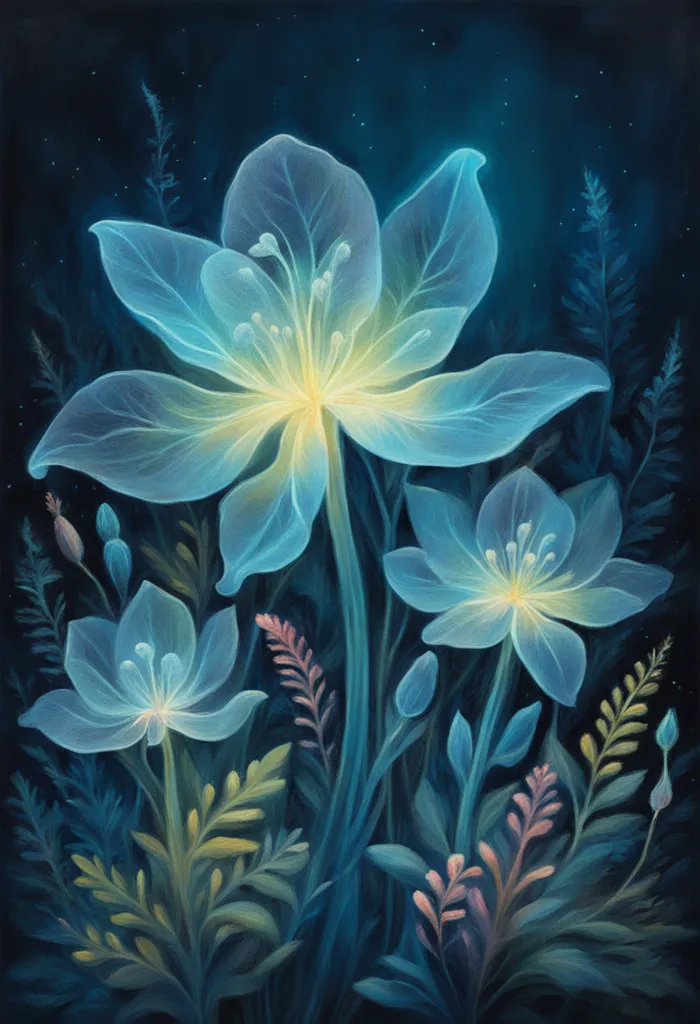 The painting is of three glowing flowers. The flowers are white and blue, with long, slender petals. They are arranged in a vertical row, with the tallest flower in the middle. The flowers are surrounded by dark green leaves. The background is a dark blue night sky, with tiny white stars. The painting has a magical, ethereal quality. It is as if the flowers are glowing from within. The painting is both beautiful and thought-provoking. It invites viewers to consider the beauty of nature and the mysteries of the universe.