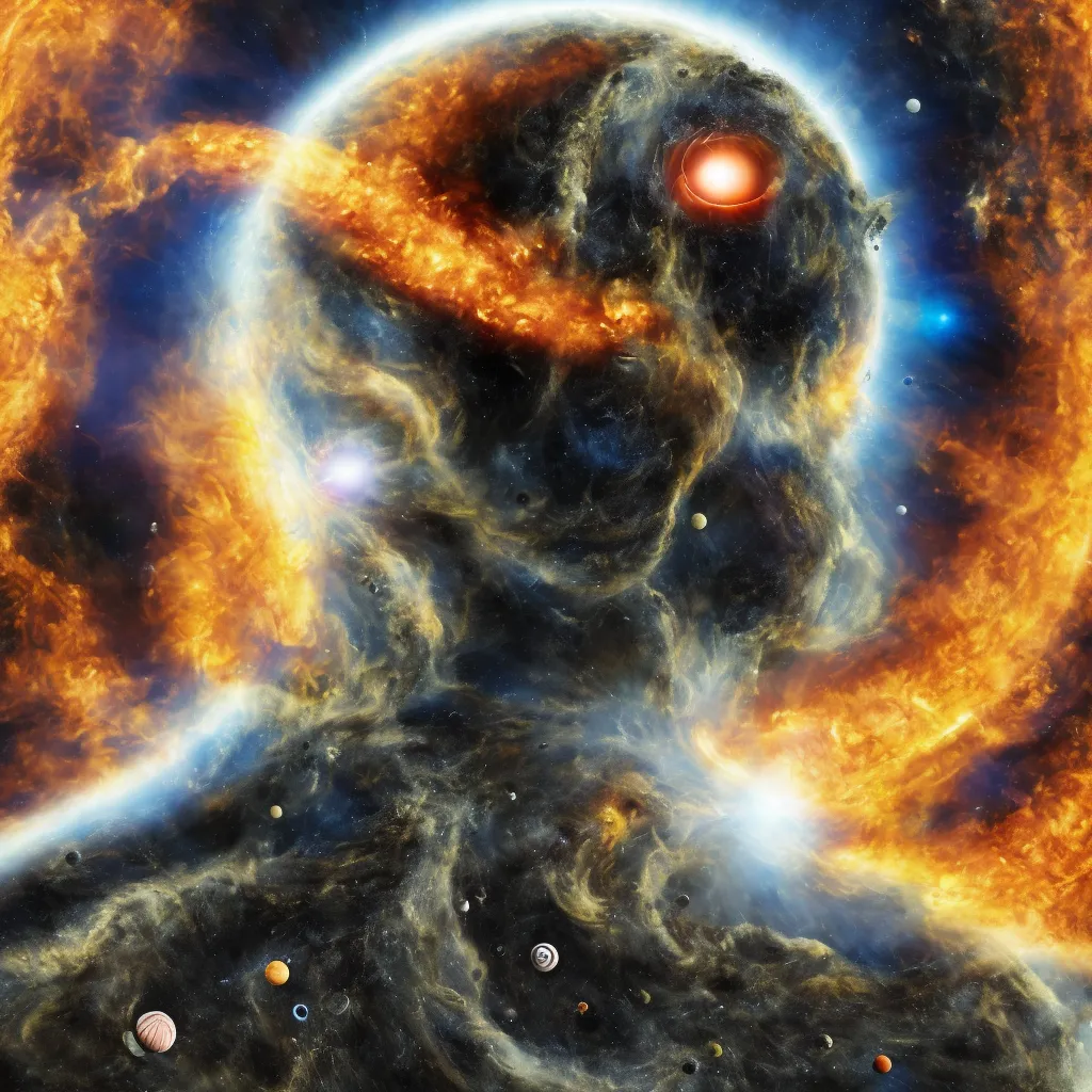 The image is a depiction of a human head and shoulders. The head is surrounded by a swirling mass of gas and dust, which is colored in shades of orange, yellow, and blue. There is a bright light in the center of the head, which is surrounded by a dark ring. The head is also surrounded by several small planets and moons. The image is set against a backdrop of stars and galaxies.