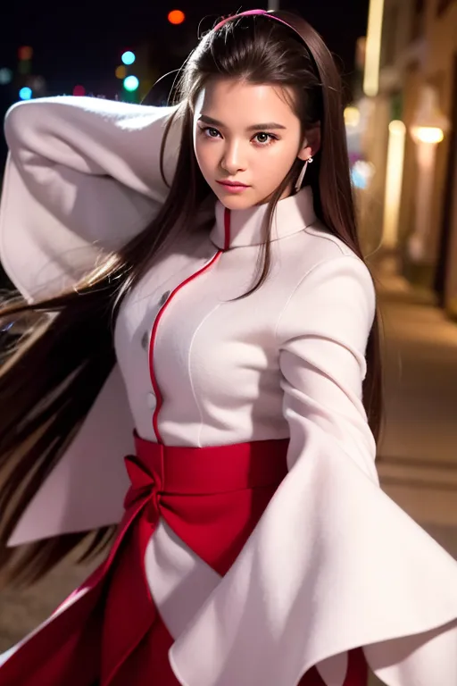 The image shows a young woman standing in a fighting stance. She is wearing a white and red outfit, with a red sash tied around her waist. Her long brown hair is flowing behind her, and she has a determined expression on her face. The background is blurred, with a few blurry lights in the distance.