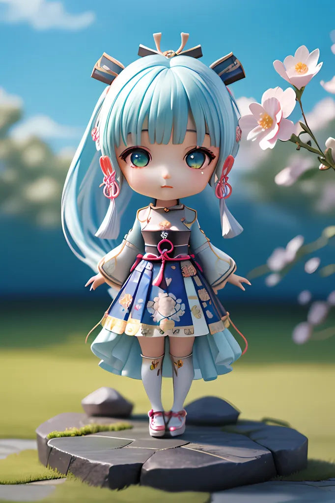 The image shows an anime-style chibi girl with long blue hair and blue eyes. She is wearing a white and blue kimono with a pink obi and has a pink bow in her hair. She is standing on a rock in a field of grass, and there are pink flowers in the background. The sky is blue and there are white clouds.