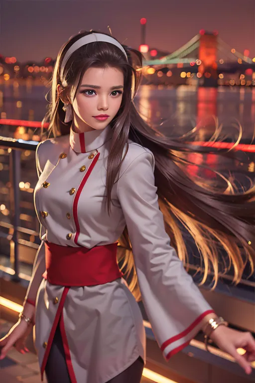 The image shows a young woman standing on a pier at night. She is wearing a white and red outfit. She has long brown hair and brown eyes. She is looking at the view of the city in front of her. There is a bridge in the distance. The sky is dark and there are many lights in the city.