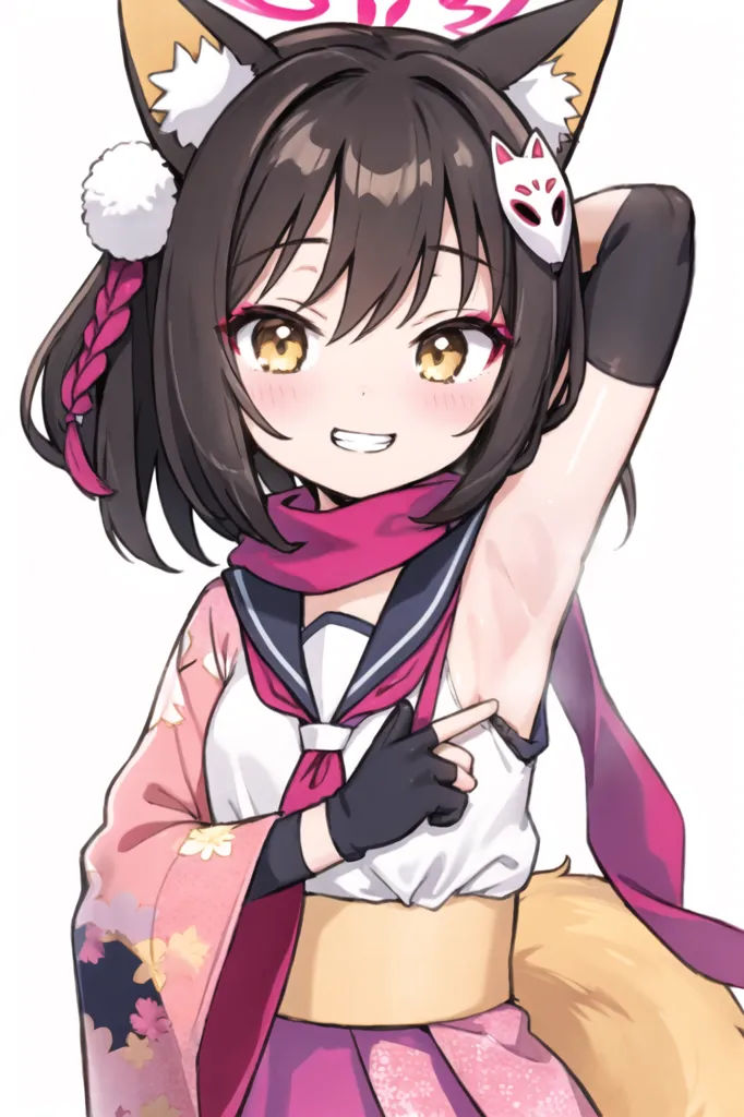 The image is of an anime girl with brown hair and yellow eyes. She is wearing a pink and white kimono with a red scarf and has fox ears and a fox mask on her head. She is smiling and pointing at her armpit.