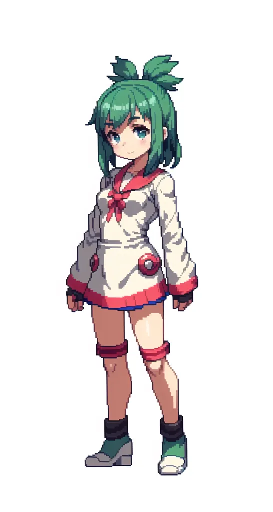 A imagem é um sprite pixelizado de uma jovem garota, possivelmente uma adolescente. Ela tem cabelos verdes presos em um rabo de cavalo, pele clara e olhos azuis. Ela está usando uma camisa estilo marinheiro branca e vermelha com um laço vermelho, uma saia curta vermelha e meias e sapatos brancos. Ela também tem uma pequena bolsa vermelha e branca no seu lado direito. Ela está em pé com os pés à largura dos ombros, as mãos aos lados. Ela tem uma expressão confiante no rosto. O fundo é branco.