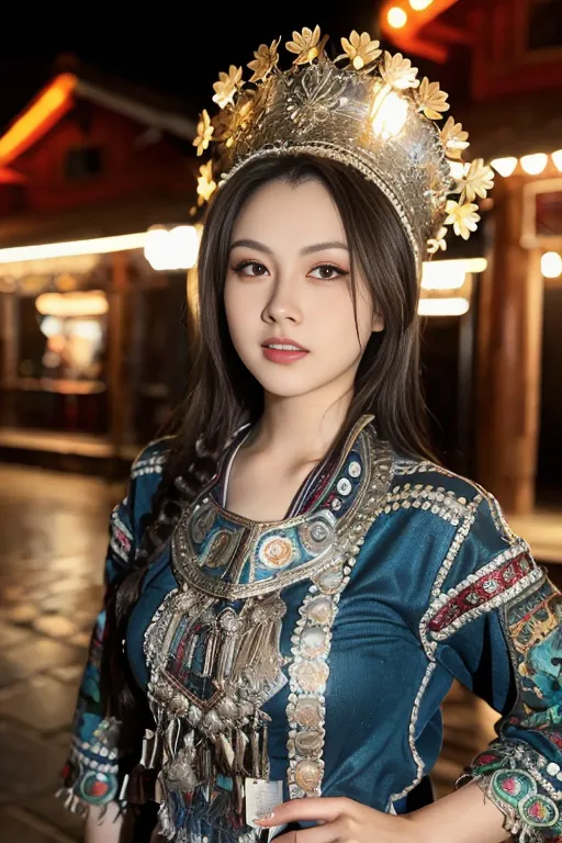 L'image montre une jeune femme vêtue de vêtements traditionnels chinois. Elle porte un haut bleu avec des ornements argentés et dorés et un couvre-chef argenté avec des fleurs dorées. La femme a de longs cheveux noirs et regarde la caméra avec un léger sourire. L'arrière-plan est flou et semble être une rue avec des lanternes rouges suspendues aux bâtiments.