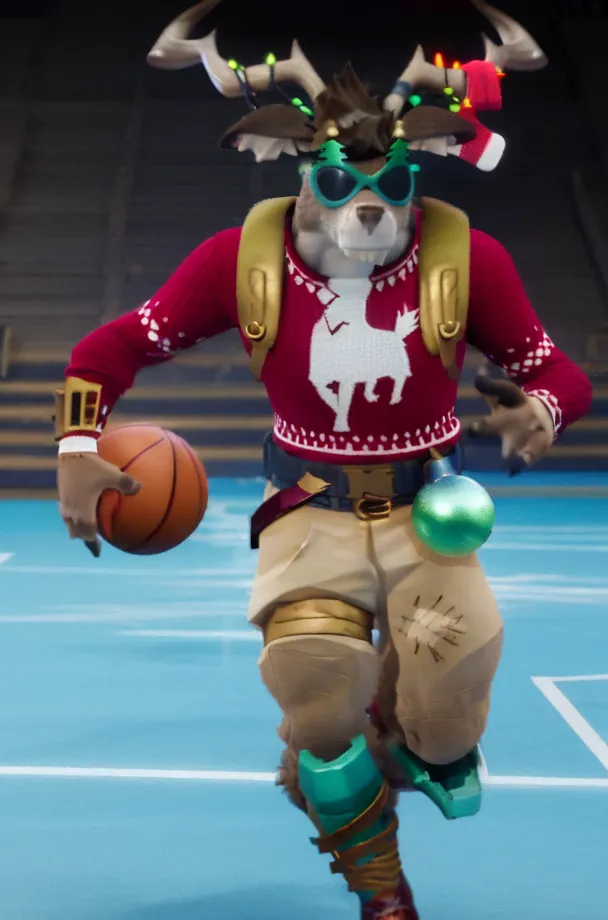 The image shows a basketball player wearing a red and white sweater with a llama on it. He is also wearing brown pants, green and white shoes, and sunglasses. He has antlers on his head and a basketball in his hand. He is standing on a basketball court and there are bleachers in the background.