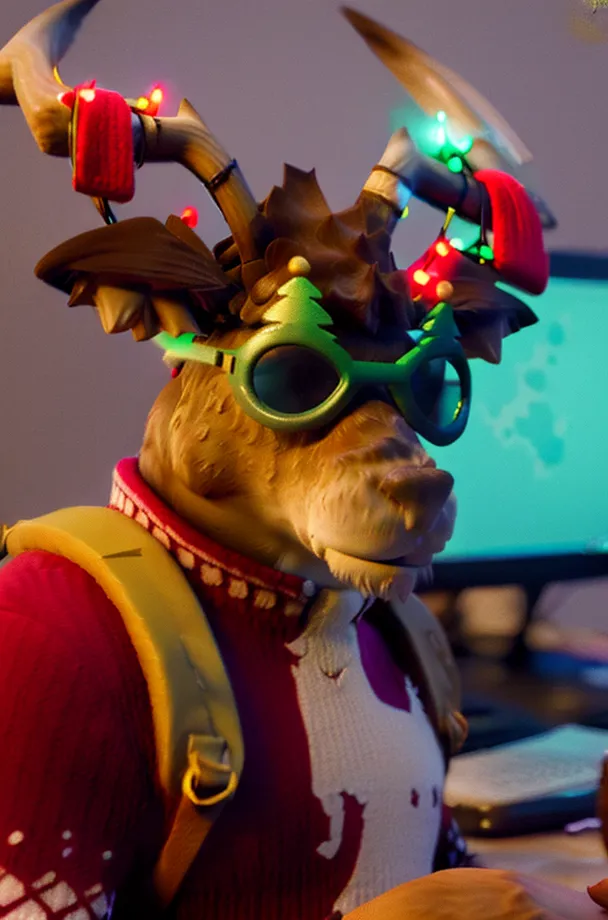 The image shows a reindeer wearing a red and white sweater with a green and white striped scarf. It also has green sunglasses on and there are small red and green lights wrapped around its antlers. It is sitting in front of a computer and there are two monitors on the desk. The reindeer is looking at the monitors.