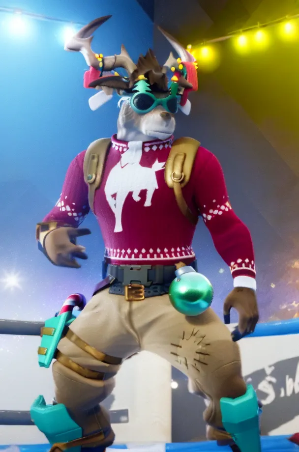 The image shows a character from the video game Fortnite. The character is wearing a red and white sweater with a deer on it, brown pants, and green and blue shoes. The character also has antlers on its head and is wearing sunglasses. The character is standing in a snowy area and is surrounded by presents.