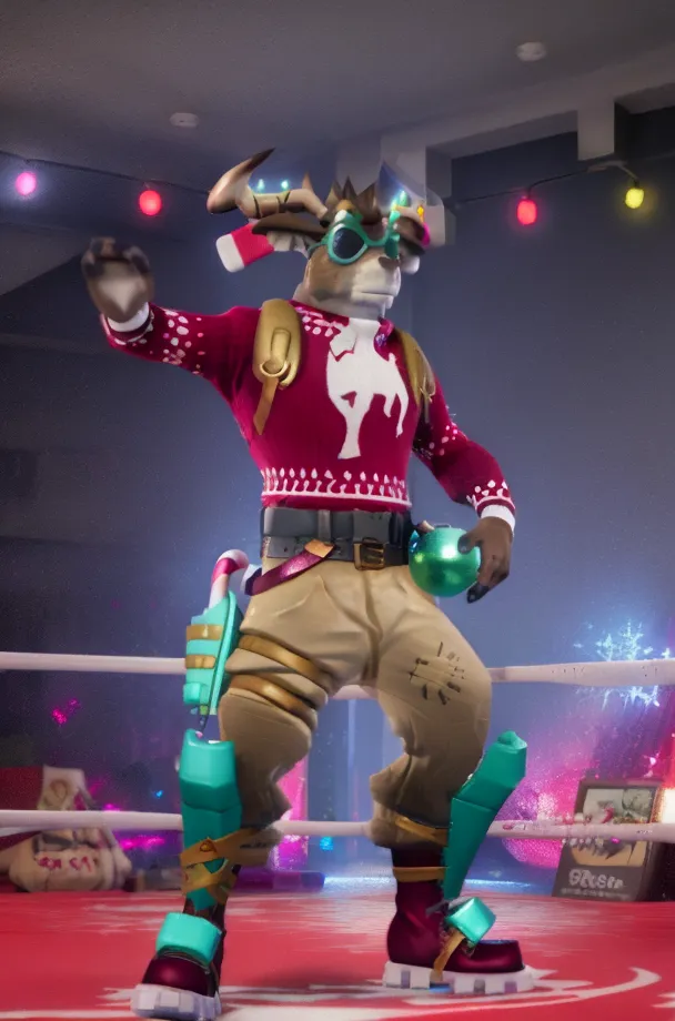 The image shows a screenshot of a video game. The character is a reindeer wearing a red and white sweater with a snowflake pattern. He also wears brown pants, a brown belt with a silver buckle, and green and blue shoes. He has antlers on his head and is wearing a Santa hat. He is standing in a wrestling ring with a red mat and white ropes. There are Christmas lights and decorations in the background.