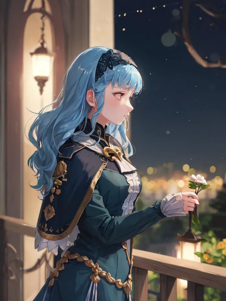 The image is a painting of a young woman with long blue hair. She is wearing a blue and green dress with a white flower in her hand. She is standing on a balcony, looking out at a city at night. There is a lantern on the balcony. The woman is sad and thoughtful.