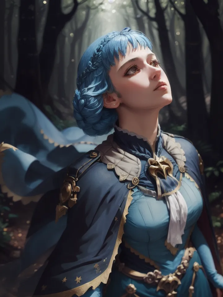 The picture shows a young woman standing in a dense forest. She is wearing a blue dress with a white camisole and a blue cape with gold trim. She has blue hair tied in a bun and gold earrings. She is looking up at something off-camera with a hopeful expression on her face.