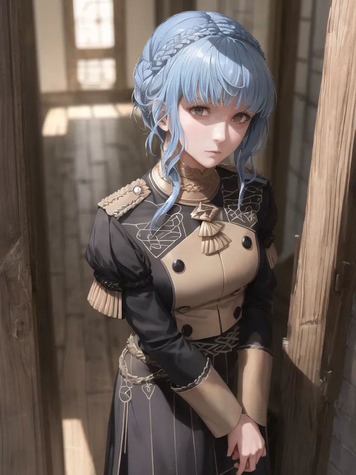 The image is a portrait of a young woman with blue hair and blue eyes. She is wearing a black and brown uniform with a white cravat. The uniform has gold buttons and gold trim around the collar and cuffs. The woman is standing in a doorway, and she has a serious expression on her face.