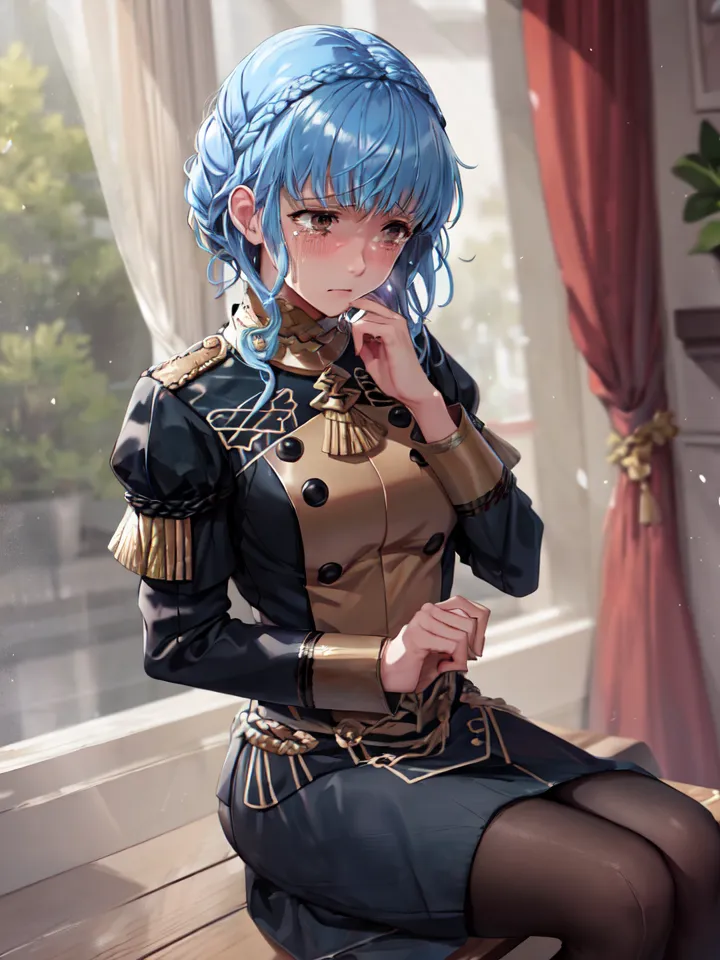 La imagen muestra a una mujer joven con el cabello azul y ojos azules. Lleva un uniforme militar negro y dorado. Está sentada en un banco frente a una ventana. Está llorando y se lleva la mano al pecho.