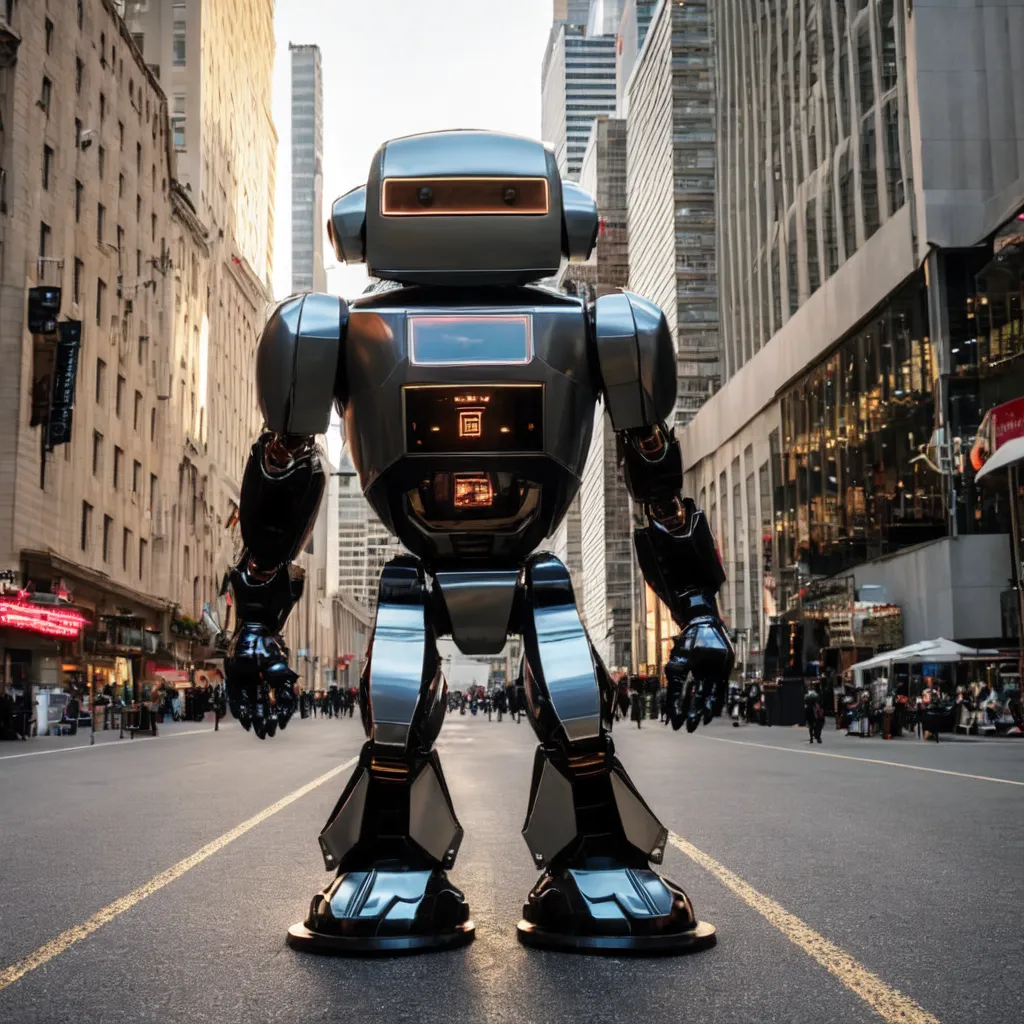 The image shows a tall robot standing in the middle of a city street. The robot is made of metal and has a shiny silver finish. It has a large head with a visor-like screen for eyes and a smaller screen on its chest. The robot's arms and legs are long and thin, and it has large feet with wheels on the bottom. The background of the image is a busy city street with people walking on either side of the robot. There are tall buildings on both sides of the street and a clear blue sky with whisps of clouds overhead.