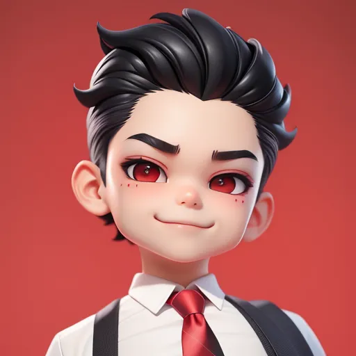 Ini adalah rendering 3D dari seorang pria muda dengan rambut hitam dan mata merah. Dia mengenakan kemeja putih, dasi merah, dan jaket jas hitam. Dia memiliki senyum percaya diri di wajahnya dan menatap penonton. Latar belakangnya adalah warna merah solid.