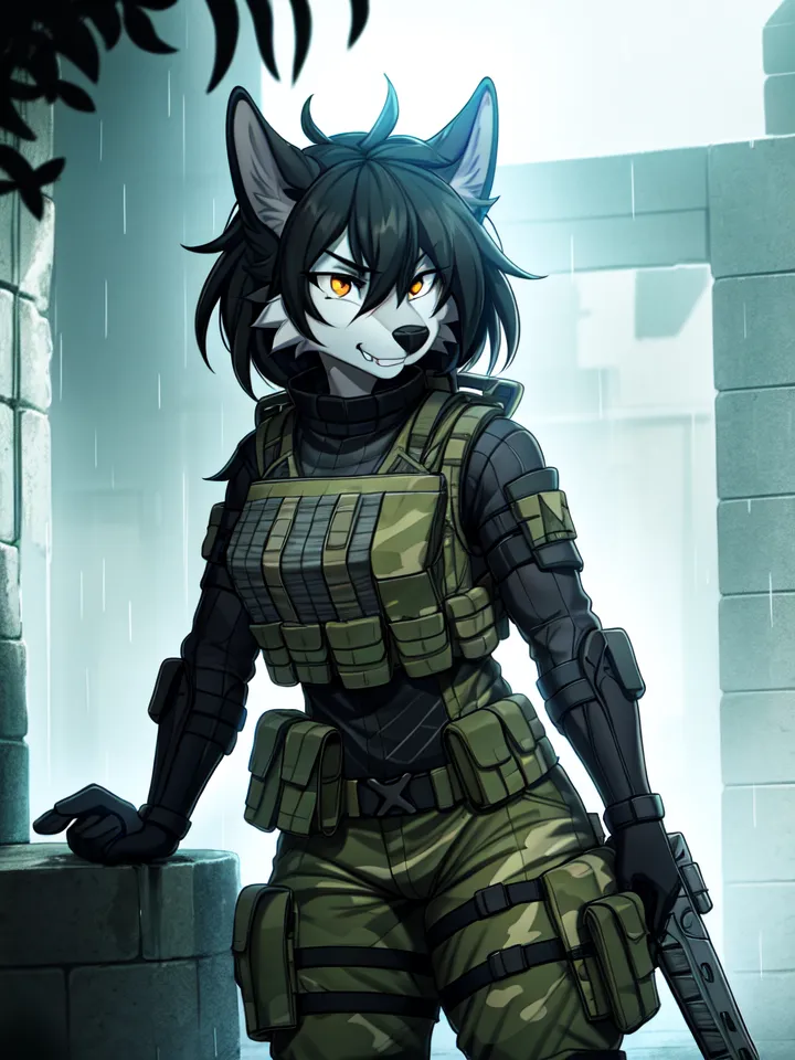 La imagen es de un lobo furry con equipo militar. El furry está de pie en una habitación oscura, con una ventana a la izquierda. Lleva un chaleco militar negro y verde, con una camisa verde debajo. También lleva guantes, pantalones y botas negros. Tiene un arma en la mano derecha. El furry tiene el pelo negro y los ojos amarillos. Mira al espectador con una expresión seria.